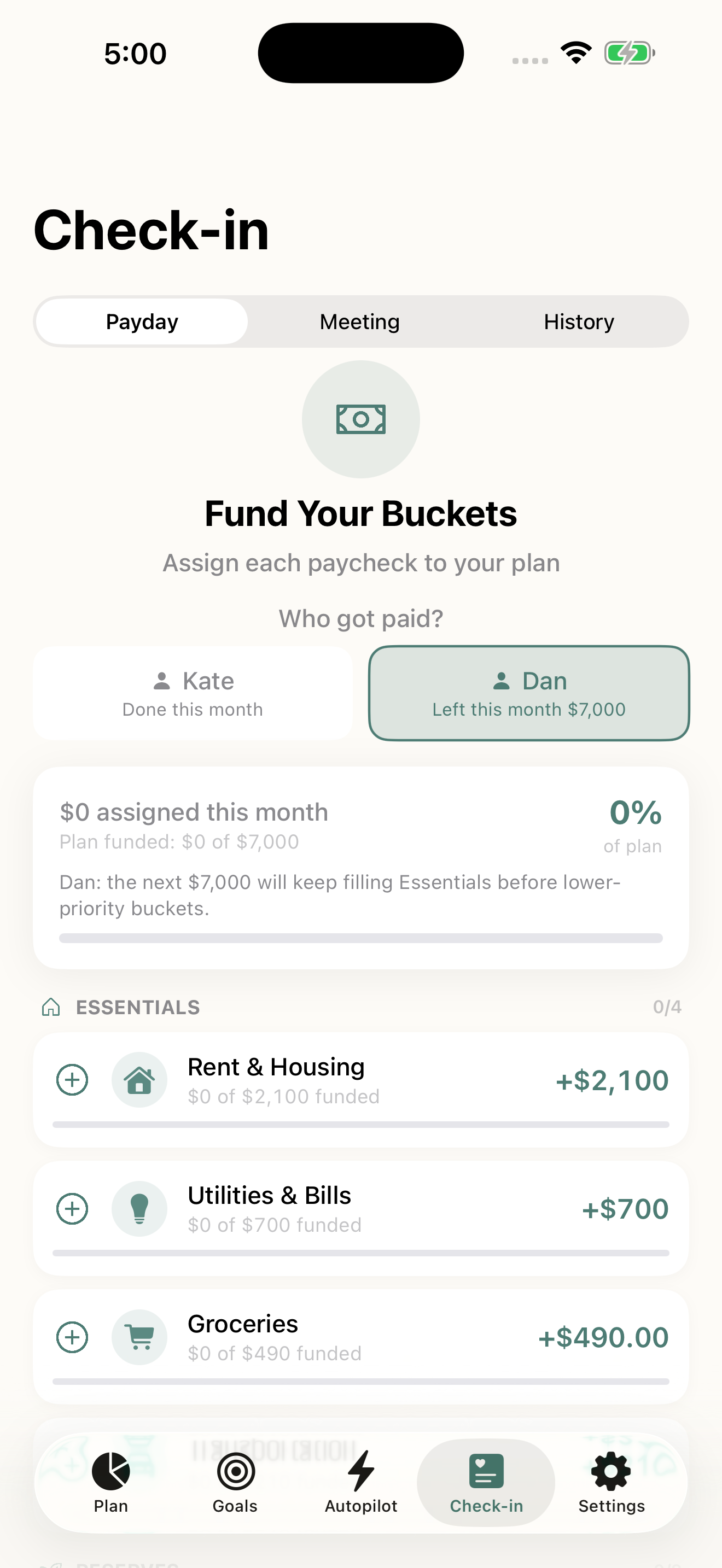 OurPlan Check-in tab for funding buckets